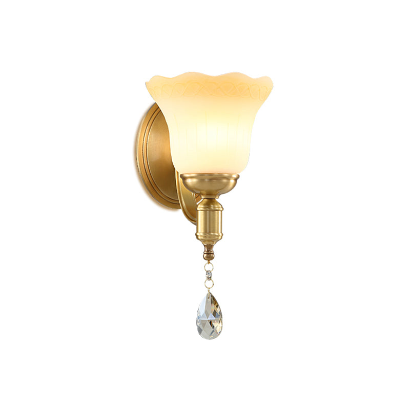 Rynx | Blossom Opaque Glass Wall Lamp Retro Style 1/2-Cup Gold Wall Lighting Ideas with Crystal Drop
