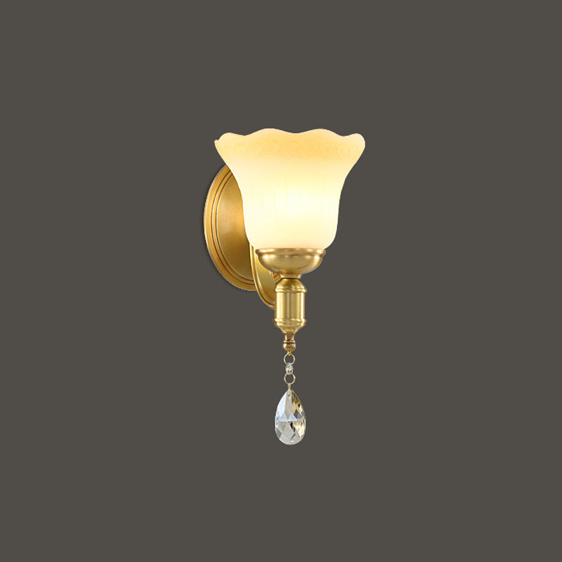 Rynx | Blossom Opaque Glass Wall Lamp Retro Style 1/2-Cup Gold Wall Lighting Ideas with Crystal Drop