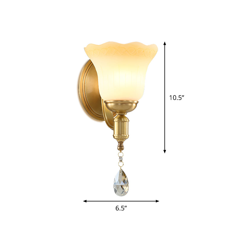 Rynx | Blossom Opaque Glass Wall Lamp Retro Style 1/2-Cup Gold Wall Lighting Ideas with Crystal Drop