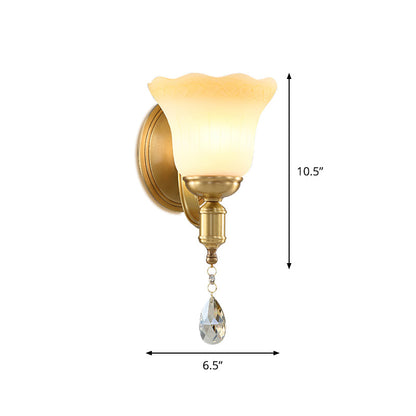 Rynx | Blossom Opaque Glass Wall Lamp Retro Style 1/2-Cup Gold Wall Lighting Ideas with Crystal Drop