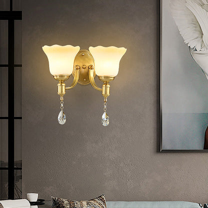 Rynx | Blossom Opaque Glass Wall Lamp Retro Style 1/2-Cup Gold Wall Lighting Ideas with Crystal Drop