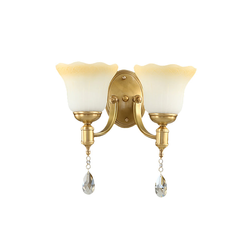 Rynx | Blossom Opaque Glass Wall Lamp Retro Style 1/2-Cup Gold Wall Lighting Ideas with Crystal Drop