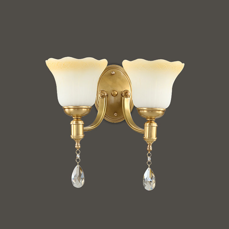 Rynx | Blossom Opaque Glass Wall Lamp Retro Style 1/2-Cup Gold Wall Lighting Ideas with Crystal Drop