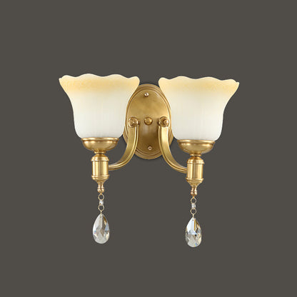 Rynx | Blossom Opaque Glass Wall Lamp Retro Style 1/2-Cup Gold Wall Lighting Ideas with Crystal Drop