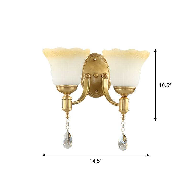 Rynx | Blossom Opaque Glass Wall Lamp Retro Style 1/2-Cup Gold Wall Lighting Ideas with Crystal Drop