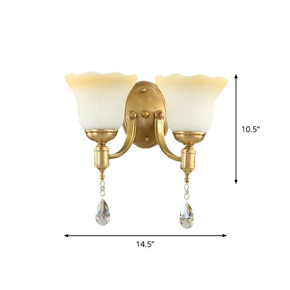 Rynx | Blossom Opaque Glass Wall Lamp Retro Style 1/2-Cup Gold Wall Lighting Ideas with Crystal Drop
