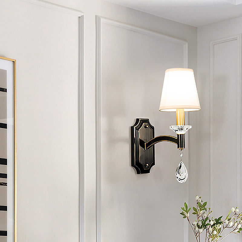 Rynx | Schneider Crystal Drop Wall Mount Light Vintage 1/2 Bulb Brown Wall Light with Conical Fabric Shade