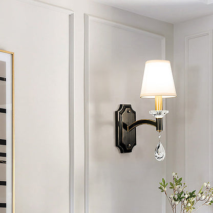 Rynx | Schneider Crystal Drop Wall Mount Light Vintage 1/2 Bulb Brown Wall Light with Conical Fabric Shade