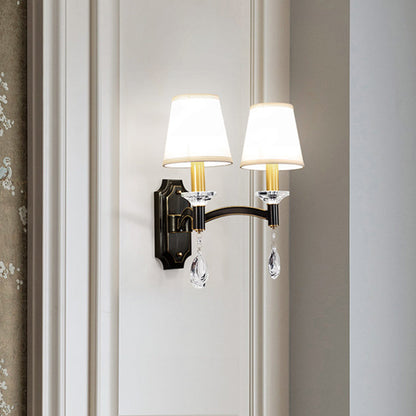 Rynx | Schneider Crystal Drop Wall Mount Light Vintage 1/2 Bulb Brown Wall Light with Conical Fabric Shade