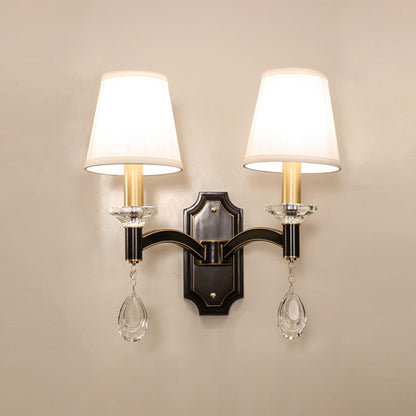 Rynx | Schneider Crystal Drop Wall Mount Light Vintage 1/2 Bulb Brown Wall Light with Conical Fabric Shade