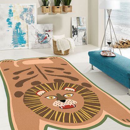 Rynx | Yellow and Brown Irregular Rug Children's Room Animal Tiger Leopard Lion Pattern Rug Polyester Stain Resistant Carpet