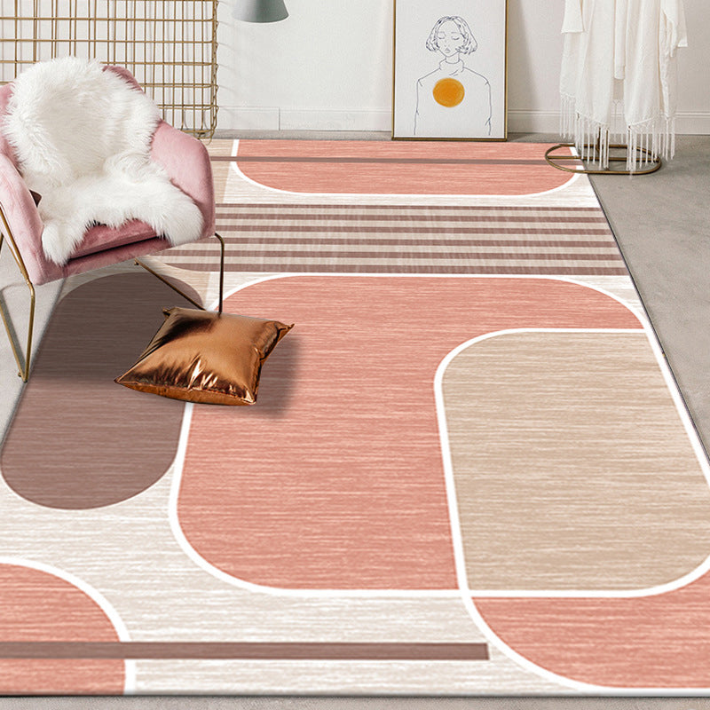 Rynx | Pink and Brown Bedroom Rug Modern Colorblock Geometric Pattern Area Rug Polyester Stain-Resistant Carpet