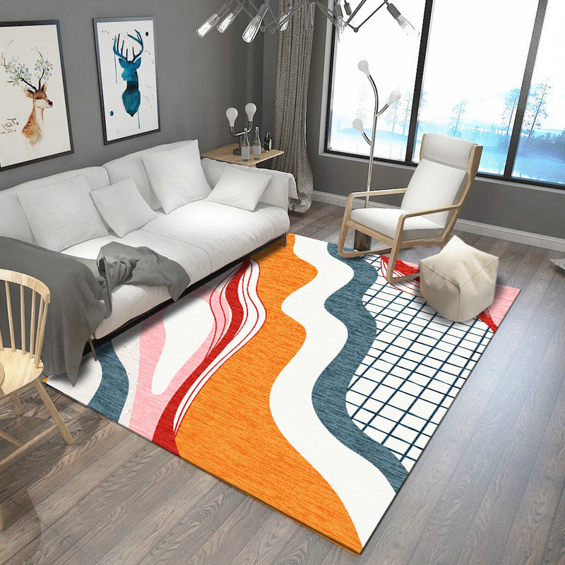 Rynx | Modern Living Room Rug in Brown and Blue Color Block Twisted Line Print Rug Polyester Anti-Slip Backing Area Rug