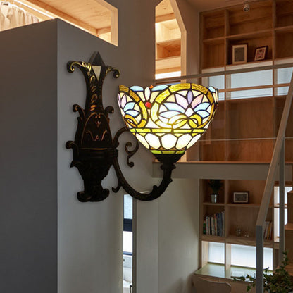 Rynx | 1 Light Ball Lamp Victorian Faceted Glass Up/Down Wall Lighting with Curved Arm in Brass