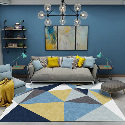 Rynx | Novelty Colorblock Geometric Pattern Rug Blue Polyester Rug Washable Pet Friendly Non-Slip Area Rug for Living Room