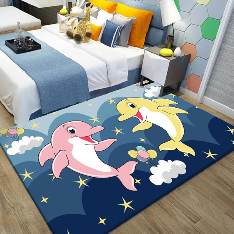 Rynx | Kids Cartoon Dolphin Pattern Rug with Star Green and Blue Polyester Rug Washable Pet Friendly Non-Slip Area Rug for Kids Room