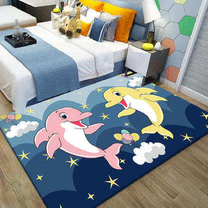 Rynx | Kids Cartoon Dolphin Pattern Rug with Star Green and Blue Polyester Rug Washable Pet Friendly Non-Slip Area Rug for Kids Room