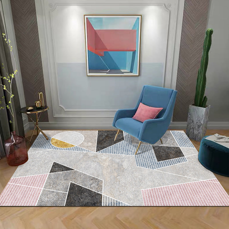 Rynx | Unique Geometric Pattern Rug with Stripe Grey Modern Rug Polyester Washable Pet Friendly Anti-Slip Carpet for Living Room
