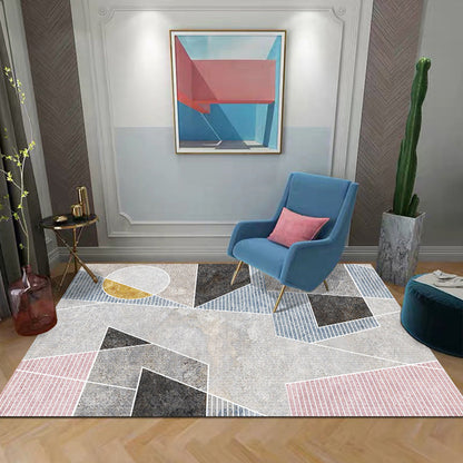 Rynx | Unique Geometric Pattern Rug with Stripe Grey Modern Rug Polyester Washable Pet Friendly Anti-Slip Carpet for Living Room