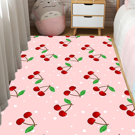 Rynx | Pink Children's Carpet Synthetic Cherry Pattern Carpet Pet Friendly Washable Non-Slip Back Carpet for Decoration