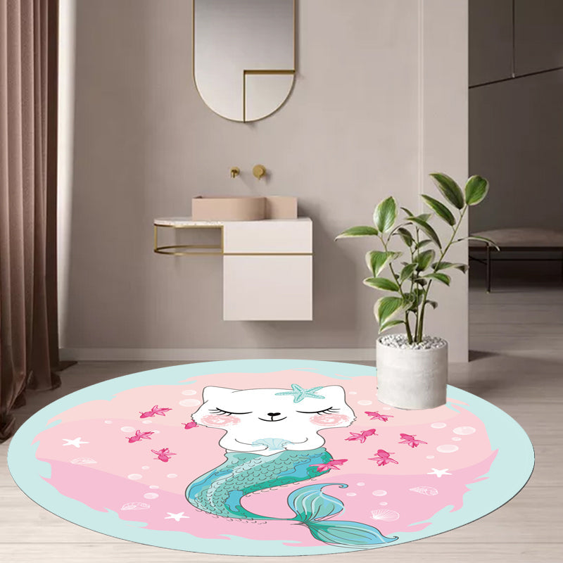 Rynx | Kids Cartoon Cat Pattern Rug Pink and Red Polyester Carpet Washable Pet Friendly Non-Slip Area Rug for Children's Room