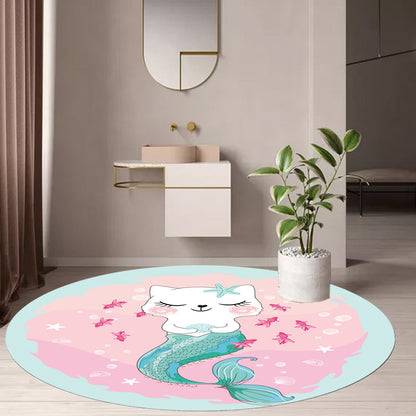 Rynx | Kids Cartoon Cat Pattern Rug Pink and Red Polyester Carpet Washable Pet Friendly Non-Slip Area Rug for Children's Room