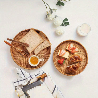 Rynx | RattanServe - Round Rattan Woven Serving Plate | For Breakfast, Dessert & Fruit
