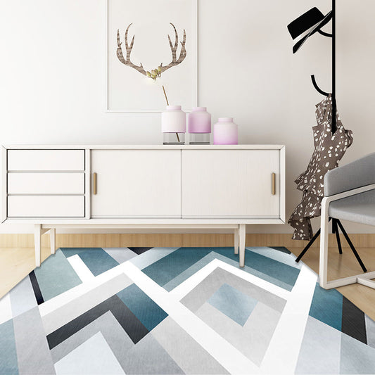 Rynx | Unique Geometric Pattern Rug Blue and White Modern Rug Polyester Washable Pet Friendly Anti-Slip Carpet for Living Room