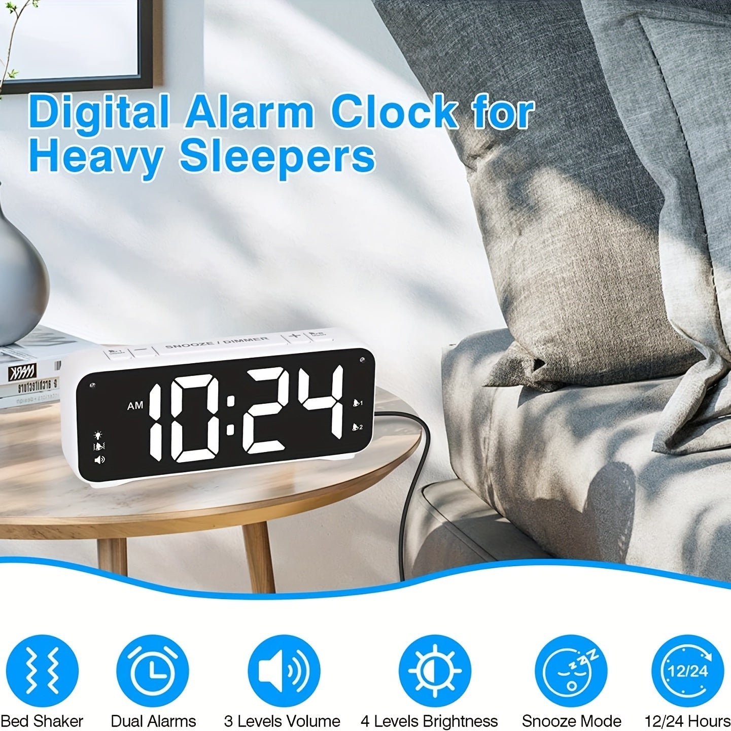 Rynx | LoudClock - Vibrating Alarm Clock with Large LED Display and Dual Alarms