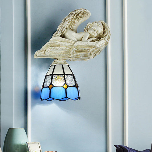 Rynx | Stained Glass Dome Wall Light with Resin Angel Loft Tiffany 1 Light Concealed Lamp in White/Clear