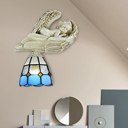 Rynx | Stained Glass Dome Wall Light with Resin Angel Loft Tiffany 1 Light Concealed Lamp in White/Clear