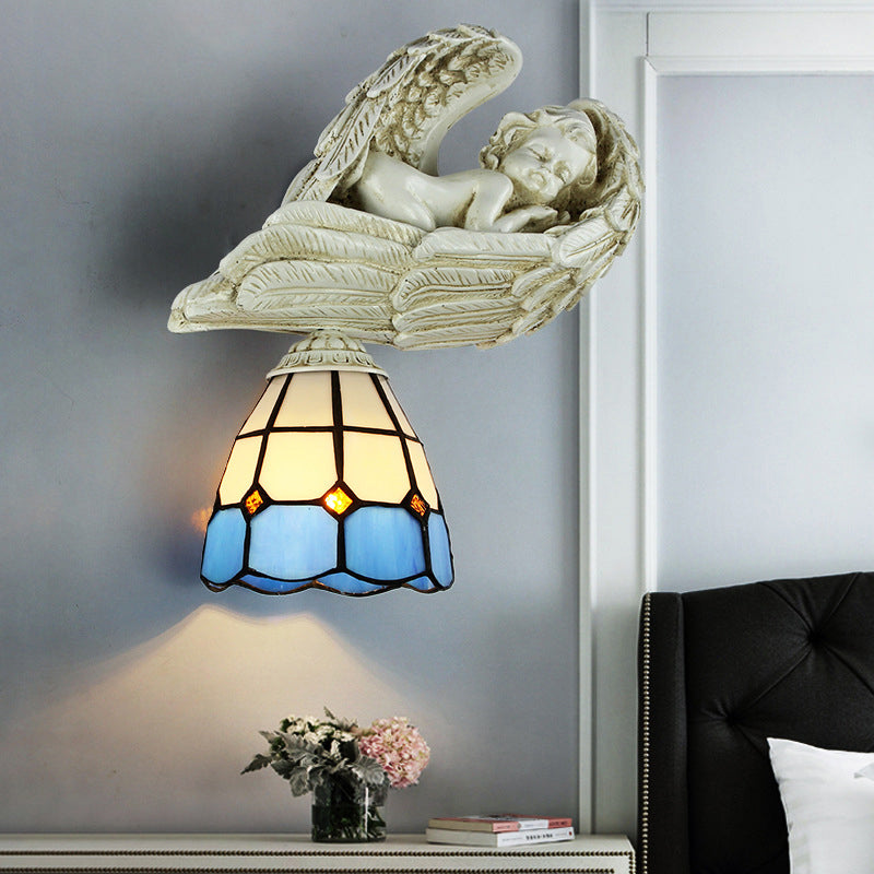 Rynx | Stained Glass Dome Wall Light with Resin Angel Loft Tiffany 1 Light Concealed Lamp in White/Clear