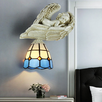 Rynx | Stained Glass Dome Wall Light with Resin Angel Loft Tiffany 1 Light Concealed Lamp in White/Clear