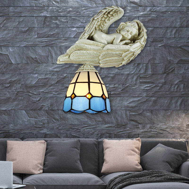 Rynx | Stained Glass Dome Wall Light with Resin Angel Loft Tiffany 1 Light Concealed Lamp in White/Clear