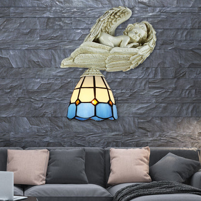 Rynx | Stained Glass Dome Wall Light with Resin Angel Loft Tiffany 1 Light Concealed Lamp in White/Clear