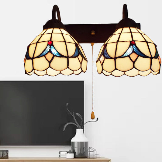 Rynx | 2 Heads Dome Wall Light Tiffany Black 2 Heads Beige Glass Wall Mount Light with Pull Chain