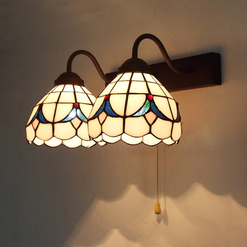 Rynx | 2 Heads Dome Wall Light Tiffany Black 2 Heads Beige Glass Wall Mount Light with Pull Chain