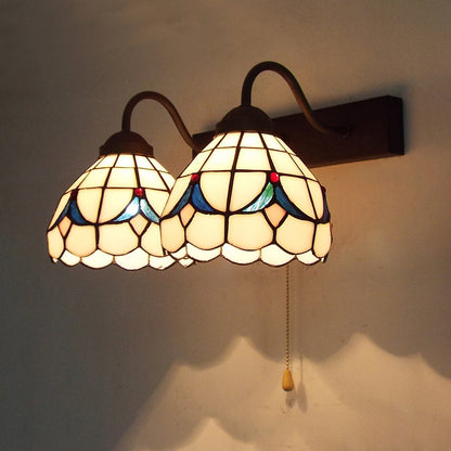 Rynx | 2 Heads Dome Wall Light Tiffany Black 2 Heads Beige Glass Wall Mount Light with Pull Chain