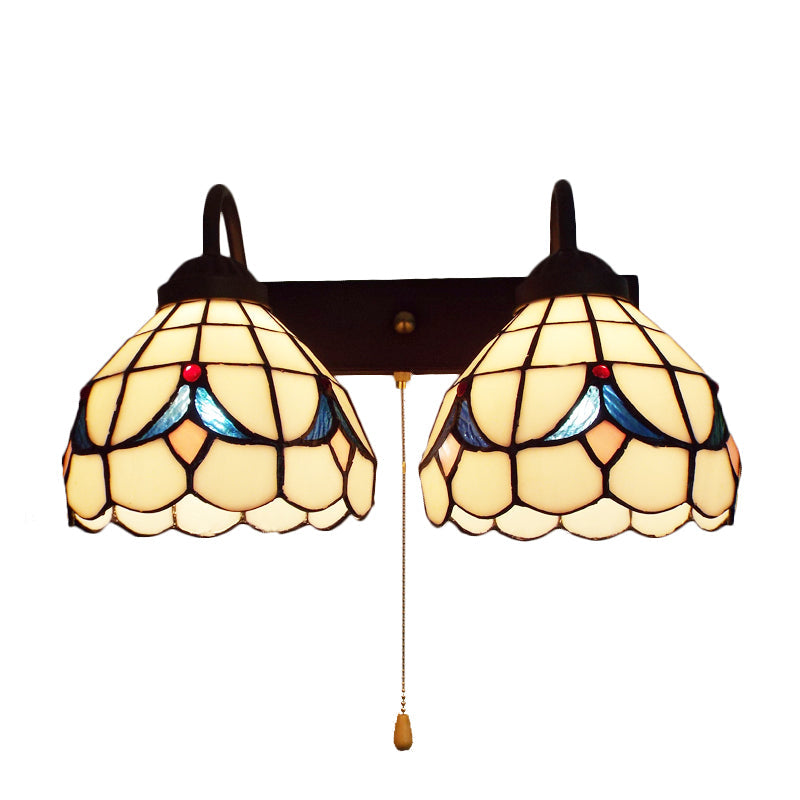 Rynx | 2 Heads Dome Wall Light Tiffany Black 2 Heads Beige Glass Wall Mount Light with Pull Chain