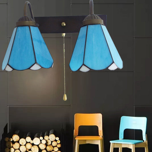 Rynx | Blue Glass Cone Wall Light Mediterranean 2 Heads Black Wall Lamp with Pull Switch