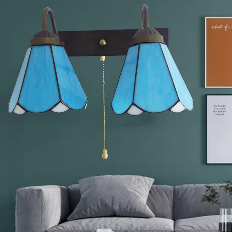 Rynx | Blue Glass Cone Wall Light Mediterranean 2 Heads Black Wall Lamp with Pull Switch