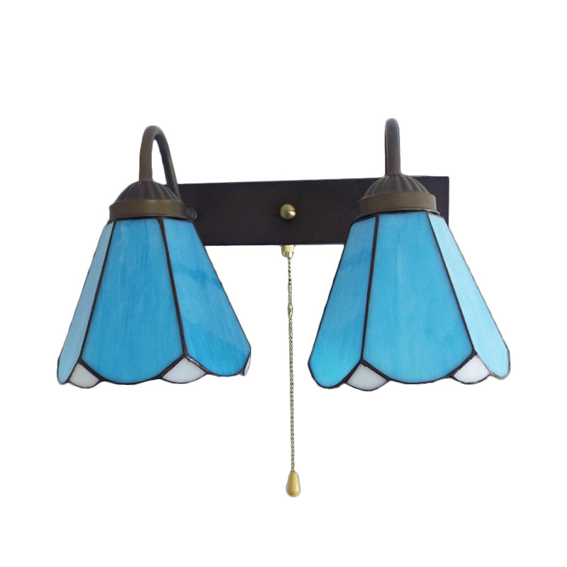 Rynx | Blue Glass Cone Wall Light Mediterranean 2 Heads Black Wall Lamp with Pull Switch