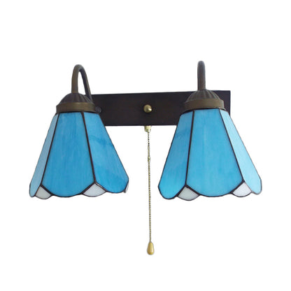 Rynx | Blue Glass Cone Wall Light Mediterranean 2 Heads Black Wall Lamp with Pull Switch