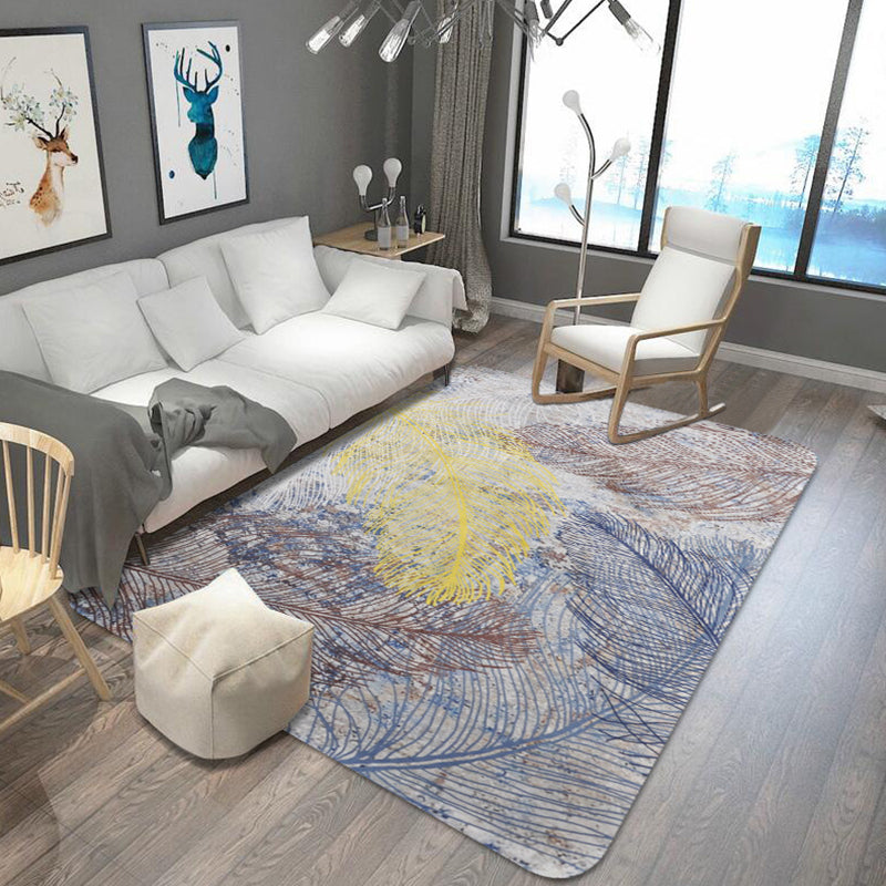 Rynx | Yellow Shabby Chic Carpet Polyester Feather Pattern Carpet Machine Washable Non-Slip Back Carpet for Decoration