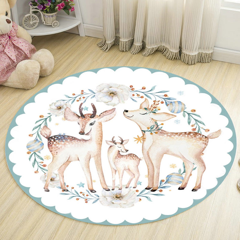 Rynx | Kids Deer Pattern Carpet with Flowers White and Blue Polyester Carpet Non-Slip Backing Washable Pet-Friendly Carpet for the Bedroom
