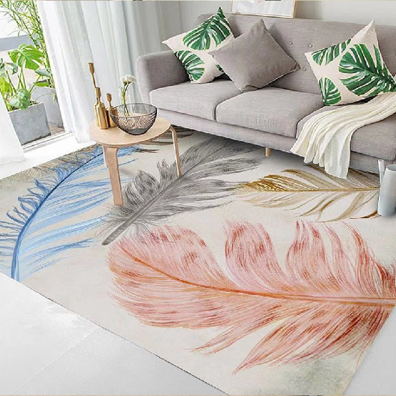 Rynx | Nordic Feather Pattern Rug Multicolor Polyester Rug Washable Pet Friendly Non-Slip Area Rug for Living Room