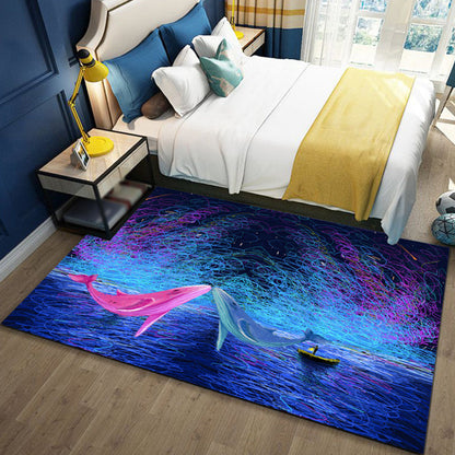 Rynx | Children's Ocean Pattern Rug with Fish Blue Polyester Rug Non-Slip Back Washable Pet-Friendly Rug for the Bedroom