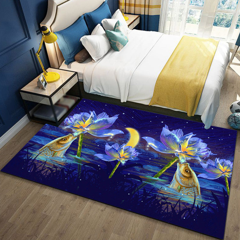 Rynx | Children's Ocean Pattern Rug with Fish Blue Polyester Rug Non-Slip Back Washable Pet-Friendly Rug for the Bedroom