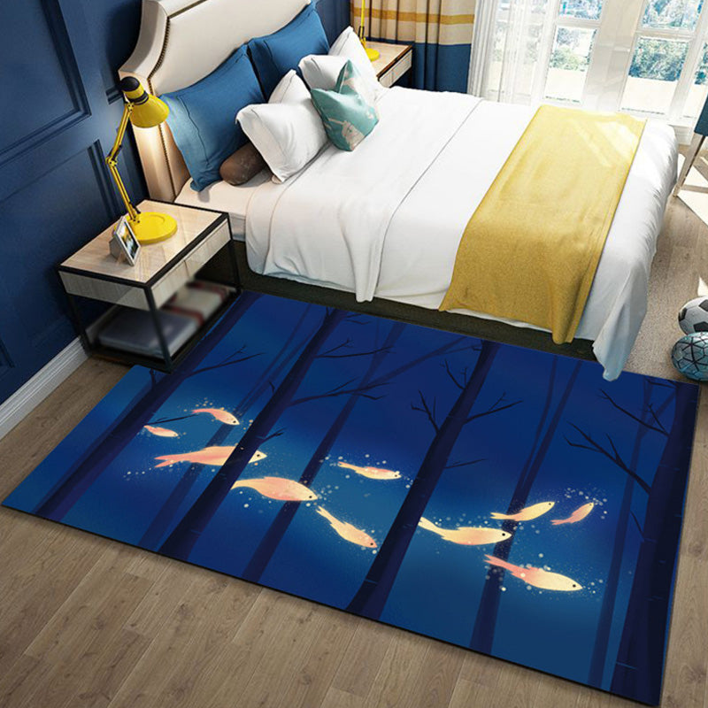 Rynx | Children's Ocean Pattern Rug with Fish Blue Polyester Rug Non-Slip Back Washable Pet-Friendly Rug for the Bedroom
