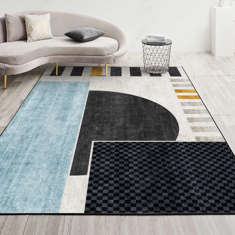 Rynx | Modernist Geometric Pattern Rug with Strips Multicolor Polyester Rug Non-Slip Back Washable Pet Friendly Carpet for Home